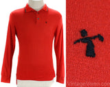 Men's XS 1960s Golf Shirt - PGA Golfing Label - Bright Red Wool Jersey Knit Long Sleeved Mens Top - 60s Preppy Golfer's Logo - Chest 36