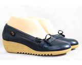 Size 6 Navy Leather Shoes by Dexter - High Quality 1980s Preppy Loafer - Dark Blue Tassel Bow - Wedge Rubber Heels - 80s NOS Deadstock