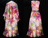 Size 4 Tropical Diva Dress - 1960s 70s Summer Evening Gown - 70s Glam Sleeveless Pink Orange White Floral Chiffon with Posh Beaded Waist