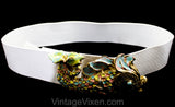 Beachy White Belt with Pastel Fish Buckle - Size 6 to 10 Summer Resort - Small Medium 1980s Designer Mimi di N Dated 1987 - Pink Aqua Gold