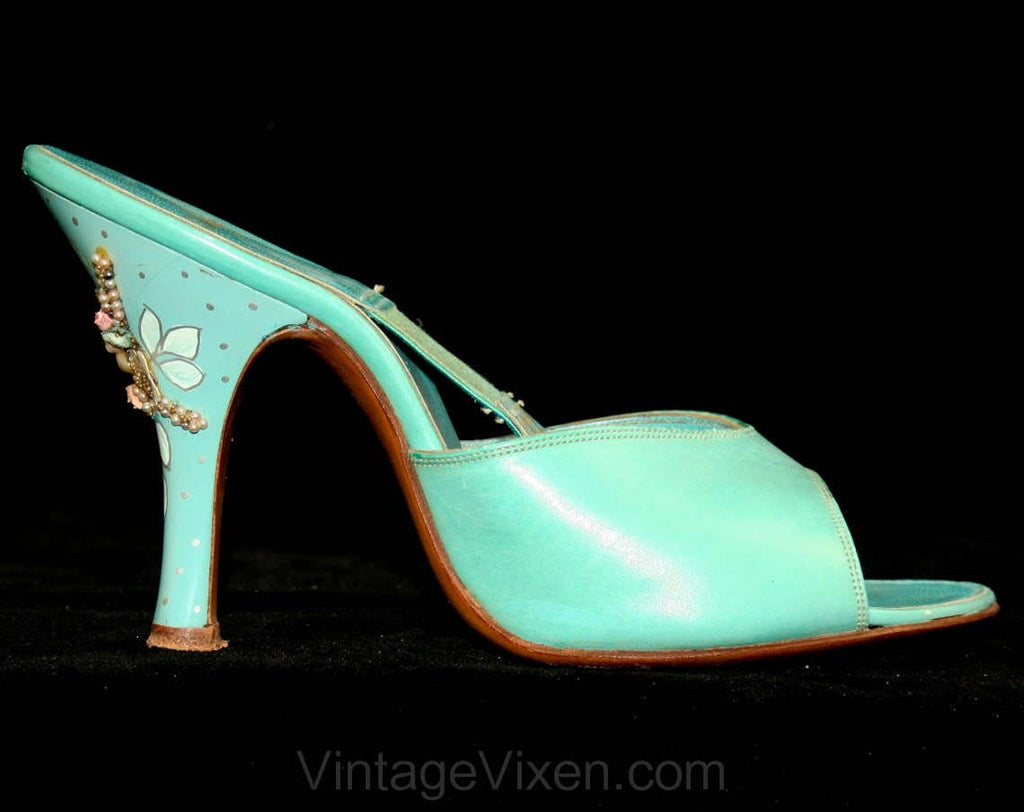 Size 6 Rare Shoes - Aqua Blue 1950s Spring-o-lator Heels with Hand Painted Seashell Detail - Sexy 50s Summer Beach Springolators - 6A Narrow