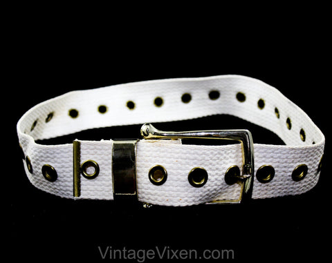 60s Mod White Cotton Belt with Bold Brassy Buckle - Size Medium 8 to 12 - 1960s Casual Belt - Goldtone Metal Hardware - Adjustable Length