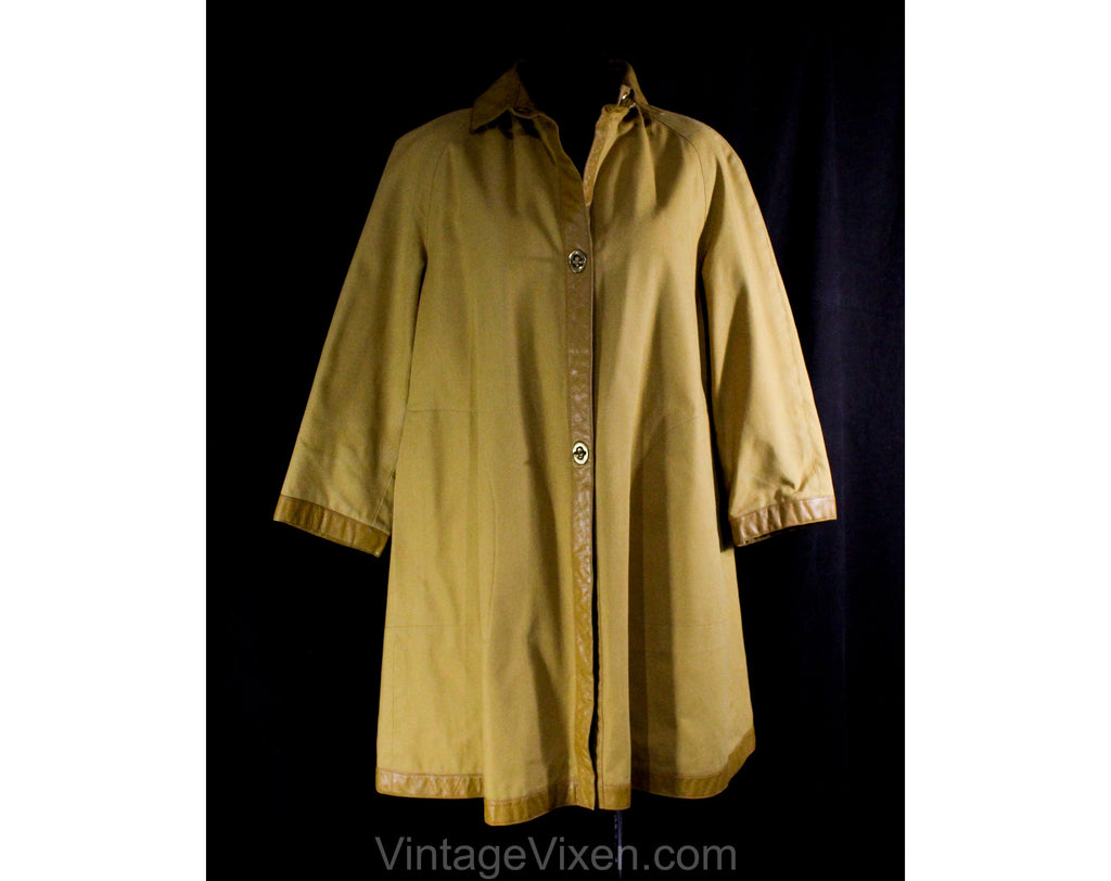 Large Bonnie Cashin 1960s Canvas Coat with Tan Leather - 60s Designer Fall Autumn Overcoat - Mustard Gold Cotton - Big Pockets - Bust 42