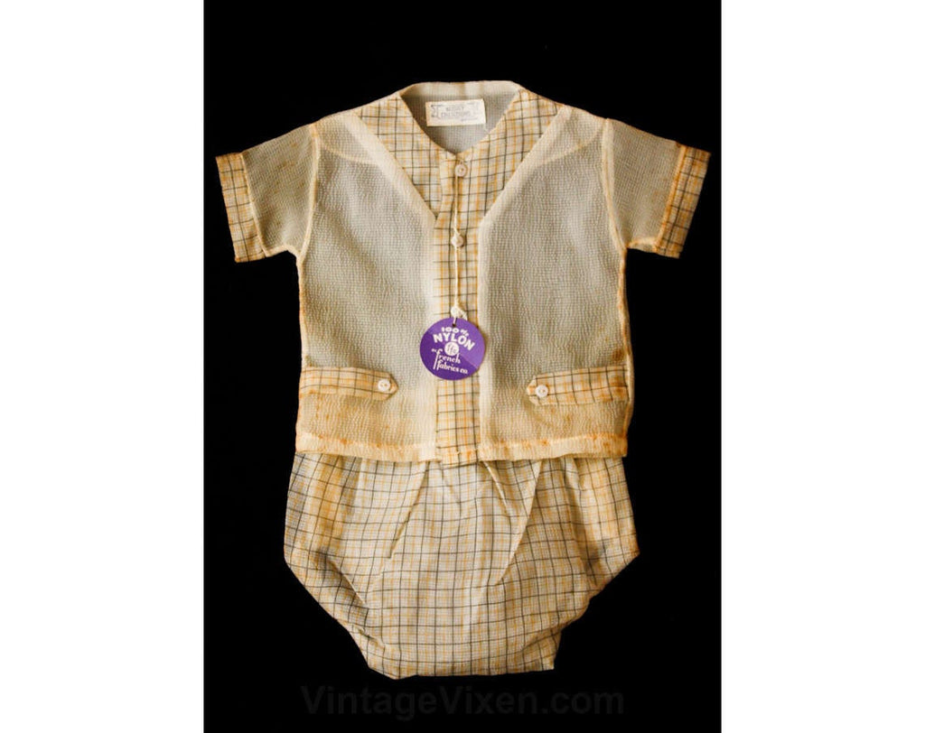 Kitsch 1940s Boy's Sheer Yellow Summer Shirt & Diaper Cover - Size 6 to 9 Months - Deadstock - 40s Baby Clothes - Summer - 37263-1