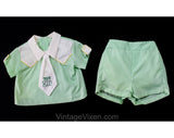 1960s Toddler Boy's Summer Shirt & Shorts Set with Attached Tie - Size 18 Months Quirky Play Outfit for "The Kid" - 60s Mint Green Cotton
