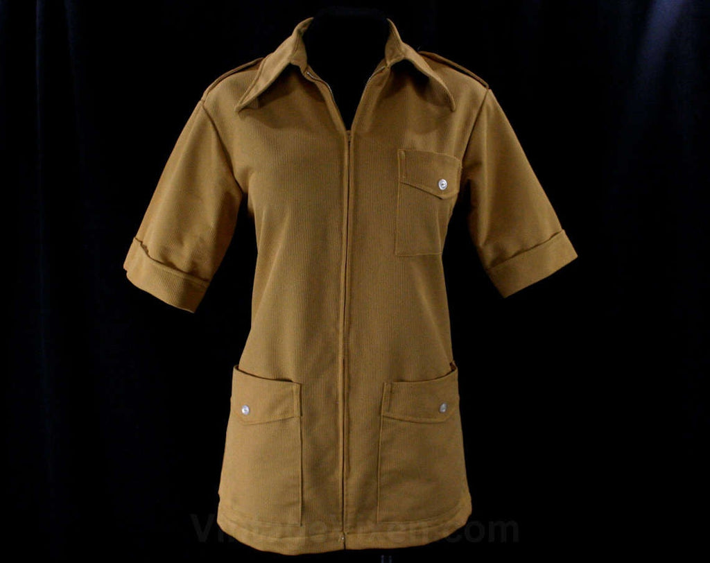 Size 8 1960s Safari Shirt - Mustard Yellow Polyester Top - Stewardess Look Blouse - 60s Uniform Shirt - Short Sleeved - Bust 37.5 - 42315