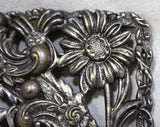 1910s Art Nouveau Daisy Brooch - Silver Floral & Flourish Metal - 1900s Edwardian Gibson Girl Antique Sash Pin - Large Rectangular - 50493
