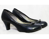 Size 6 1940s Navy Heels - Dark Blue 40s 50s Shoes - Round Toe & Buckled Bow - Sexy Pin Up Girl Next Door - 1950s Swing Era Leather Deadstock