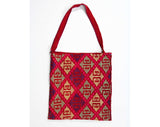 1960s Red Shoulder Bag - Artisan Made Hand Woven Wool Purse - Bohemian 60s Tote with Cross Stitch Pattern - Mint Green Pink Yellow Purple