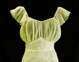 Large 1950s Nightgown - Pretty Sheer Yellow Pleated Lingerie - Filmy Ruffles - Elegant Lace - 50s Trousseau Chic - Size 14 Bust 42 Waist 34