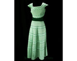 Size 10 Green 50s Dress - Rockabilly Chic 1950s Pistachio Faux Linen - Two-Tone Green - Jade & White Satin Twill - Full Skirt - Waist 29