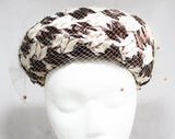 1960s Brown Ladies Hat - Neutral Beige Ecru Cocoa Bowl Shaped 60s Hat & Veil - Classic Millinery - Union Label - Spring Fall Puffy Pillbox