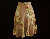 Size 8 Boho Skirt - 70s Spiral-Seamed Romantic Hippie Chic - Pretty 1970s Taupe & Floral Skirt - Neutral Beige Copper Gray - Waist 26
