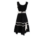 Size 8 1950s Sun Dress - Black Cotton Sleeveless Fit & Flare Peasant Frock - Button Accents - Gray Ivory Trim - Monochrome Pin Up - Waist 27