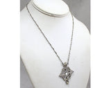 Victorian Style Necklace - Edwardian Retro Pendant - Antique Look Made in the 1980s 90s by Brand 1928 - Silver Tone Metal & Rhinestones