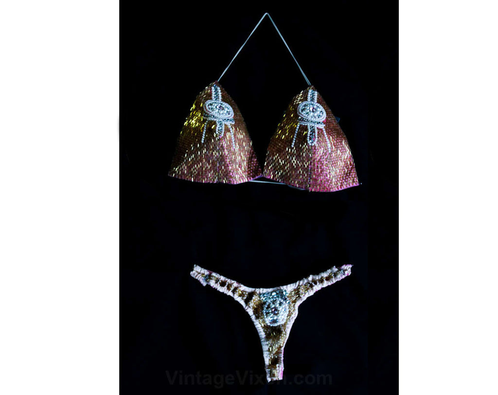 1960s Striptease Costume - Burlesque Showgirl 60s Stripper Halter Bra & Bikini Thong - Pink Jewels and Rhinestones - Sexy Beaded Stage Wear