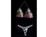 1960s Striptease Costume - Burlesque Showgirl 60s Stripper Halter Bra & Bikini Thong - Pink Jewels and Rhinestones - Sexy Beaded Stage Wear