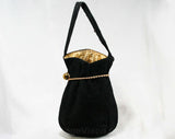 Deco 1930s Black Suede Bag - 30s Purse with Metallic Gold Cord & Lining - Pouch Style Handbag - Suede Is Crocking Color - Strap As Is