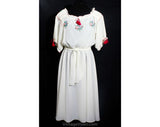 Large Designer Peasant Dress - Size 12 Bohemian Summer Frock with Cross Stitch Embroidery - 80s Does 30s Scarlet Red & White - Bust up to 42