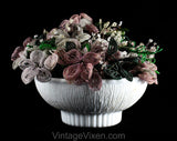 1950s French Beaded Flowers in White Milk Glass Bowl - Hand Beadwork Floral Arrangement - Spring Lavender Lilac Light Purple Green & White