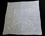 Exquisite Antique Square Tablecloth - 1900s Victorian Linens Padded Satin Stitch Flower Embroidery & Drawnwork - Beautiful Fine Sheer Cotton