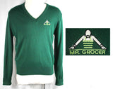 Men's Large Sweater - Vintage 1970s Mr. Grocer V-Neck Top - Mens Retro 70s V Neck Pullover - Hunter Green Grocery Store - Chest 46 - 35743