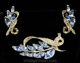 Sparkling Blue Rhinestone Brooch & Earrings - Spring 50s Jewelry - Elegant 1950s Leaves Demi Parure - Leafy Lapel Pin - Wedgwood and Silver
