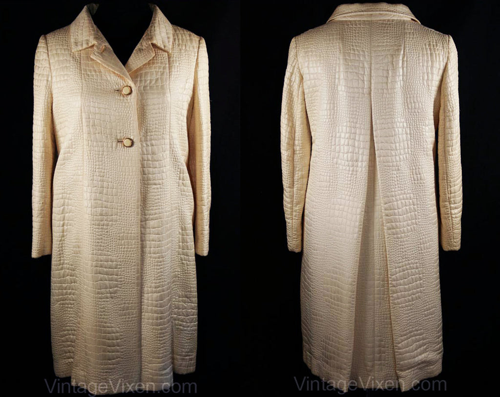 Size Large 1950s Ivory Embossed Reptile Coat with Miami Beach Label - Size 14 Glam Tailored Spring Alligator Overcoat - Posh 50s 60s Jacket
