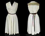 Size 6 Shirtwaist Dress with Rainbow Smocking - Cute 60s Sleeveless Summer Dress - Blouson Bodice & Pleated Skirt - Tie Belt - Waist 25.5