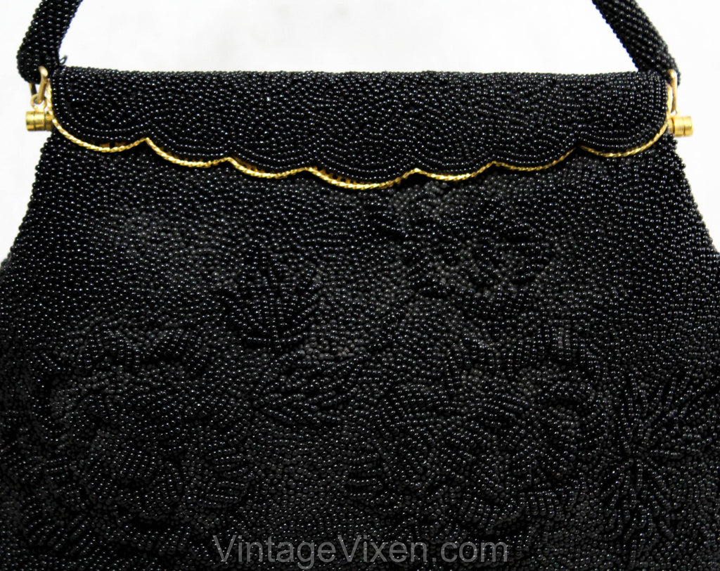 Black Floral Beaded Handbag 1960s Evening Bag