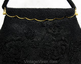 Black Beaded Evening Bag - 1950s Formal Purse - 50s 60s Caviar Beads Handbag - Elegant Rich Puffy Flowers Beadwork with Scallop Frame