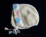 40s Baby Bonnet - Sweet 1940s Pink & Blue Hand Knit Bonnet - Size 3 to 12 Months - Infants Cream Wool Knitted Hat - Mint Condition - 29875-1