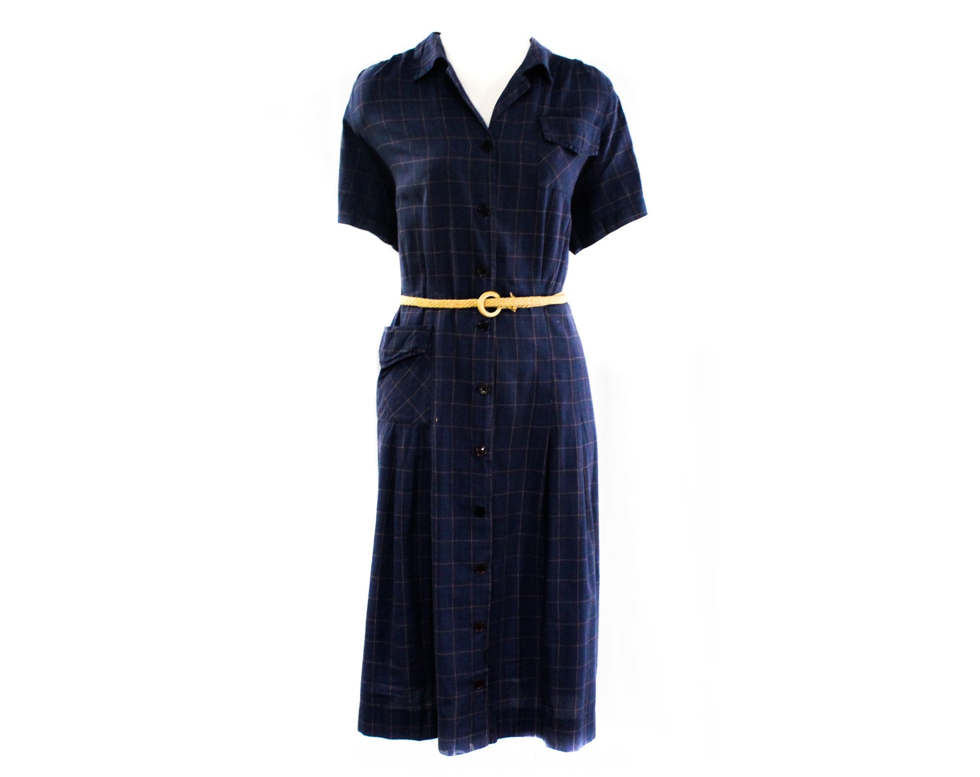 Size 14 1960s House Dress - Large 60s Navy Blue Plaid Cotton Shift & W Vintage Vixen Clothing Size 14 1960s House Dress - Large 60s Navy Blue Plaid Cotton Shift & W Vintage Vixen Clothing