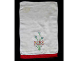 His & Hers Hand Towels - 1940s European Style Embroidery - Red White Linen - 40s 50s Bath Decor - Bath Towel Pair - Alpine Meadow Florals