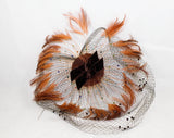 1950s Fascinator Doll Hat - 50s Pin Up Millinery in Russet Velvet & Copper Feathers - Beadwork and Chenille - Glamour Girl Birdcage Veil