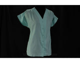 Size 14 Designer Shirt - Pierre Cardin Signature Brocade 1970s Cap Sleeve Top - Size Large - Aqua Blue Summer Chic - Bust 42 - 46571