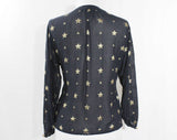 Size 6 Gold Star Blouse - Celestial 1980s Designer Small Long Sleeve Shirt - Gloria Sachs - Navy Blue Sheer Chiffon & Metallic - Bust 34