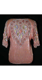Size 10 Evening Blouse - Haute Bohemian 1970s Heart Motif Sequin Top - Beautiful 70s 80s Pink Formal Shirt - Unique Design - Bust 38 - 39002