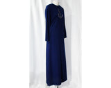 Size 10 Maxi Dress - 1970s Nautical Style Navy Blue Long Sleeved Sheath - 70s Sailor Anchor Rhinestones & Studs - Red White Blue - Bust 37