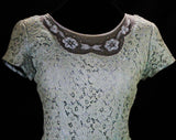 Size 6 Lace Cocktail Dress - 1950s Powder Blue Fitted Special Occasion Dress with Sheer Beaded Bodice - Short Sleeve - Swag Bow - Waist 26.5