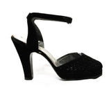 Size 6 1940s Shoes - Glam Black Suede Platforms with Beautiful Asymmetric Ribbon Work - 6AAA Narrow 40s High Heels - WWII Era NOS Deadstock