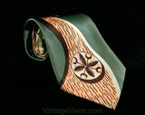 1940s Wide Tie - Sage Green Deco Print WWII 40s Swing Era Satin Mens Necktie - Spinach Chocolate Brown Apricot Peach - Circles & Swirls