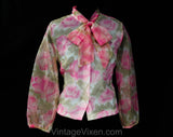 Size 10 Pink Roses Floral Blouse - 1960s Tailored Shirt with Pussycat Bow - Long Sleeved 60s Office Top - Sheer Pink & White Voile - Bust 38