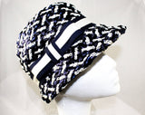 Sassy 60s Navy & White Hat - Mod Striped Bucket Style 60s Summer Cloche with Ribbon Bow - Sharp Convertible Brim - Plaid Look Weave