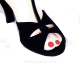 Size 7.5 Navy 1940s Shoes - 40s Open Toe Suede Heels with Elegant Asymmetric Dovetailed Straps - 40's 50's Pumps - 7 1/2 WWII Era Deadstock