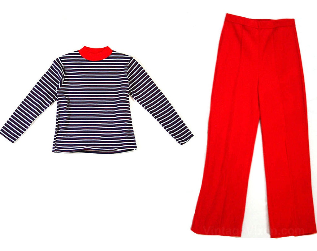 Girl's Size 6X Pants Outfit - 1970s Striped Shirt & Red Pant - 70s Girls Long Sleeved Top - TV Sitcom Style - Stretchorama - NOS Deadstock