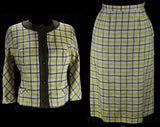 Size 10 Linen Suit - Chic 1960s Yellow & Mocha Spring Plaid Jacket with Skirt - Beautiful Tailoring - 60s Designer David Crystal - Waist 28