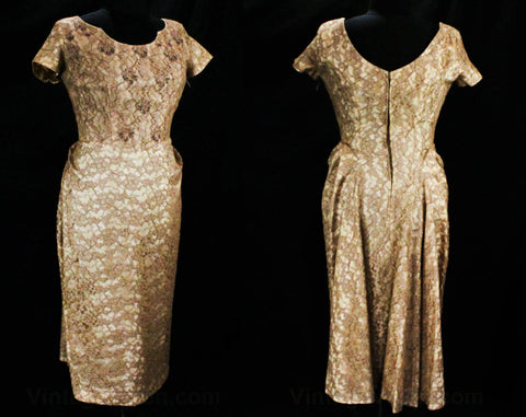 Size 10 Cocktail Dress - 50s Mocha Lace Hourglass Dress with Pearls & Beadwork Neckline - Medium 1950s Brown Lace On Taffeta - Waist 28