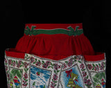 50s Christmas Apron - Small 1950s Holiday Novelty Print - Xmas Cards - Half Apron with Pockets - Festive Winter Red & Green - Waist to 26