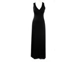 Size 10 Black Long Dress - Sleeveless 1970s Jersey Knit Maxi with Deep V Neck - Raised Waist Minimalist Elegance - Ankle Length - Bust 36